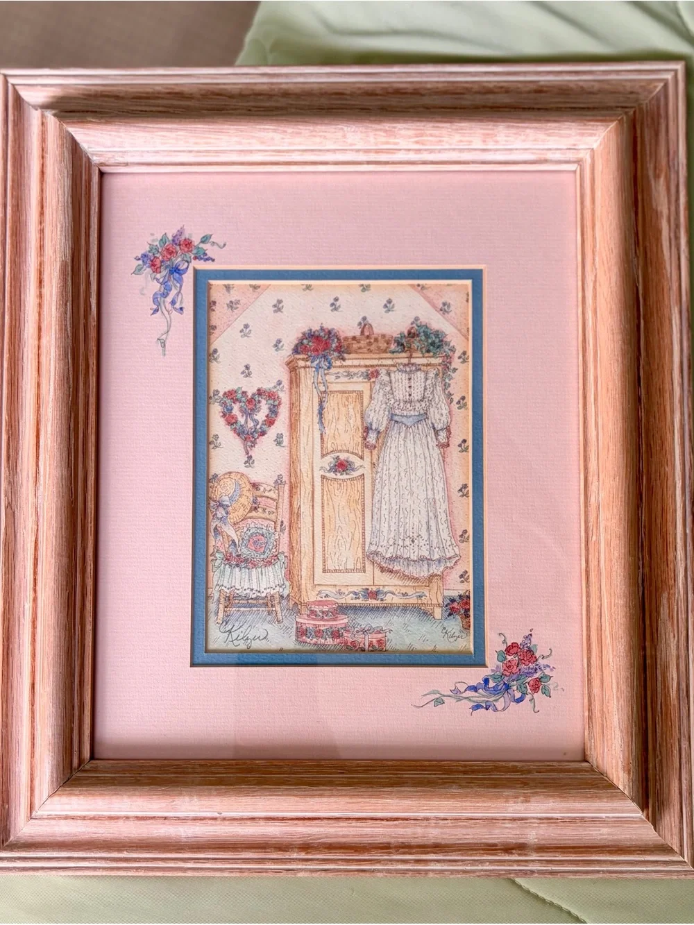 Vintage Framed Sketched Print of Girl Wardrobe Floral Wall Decor Accent
